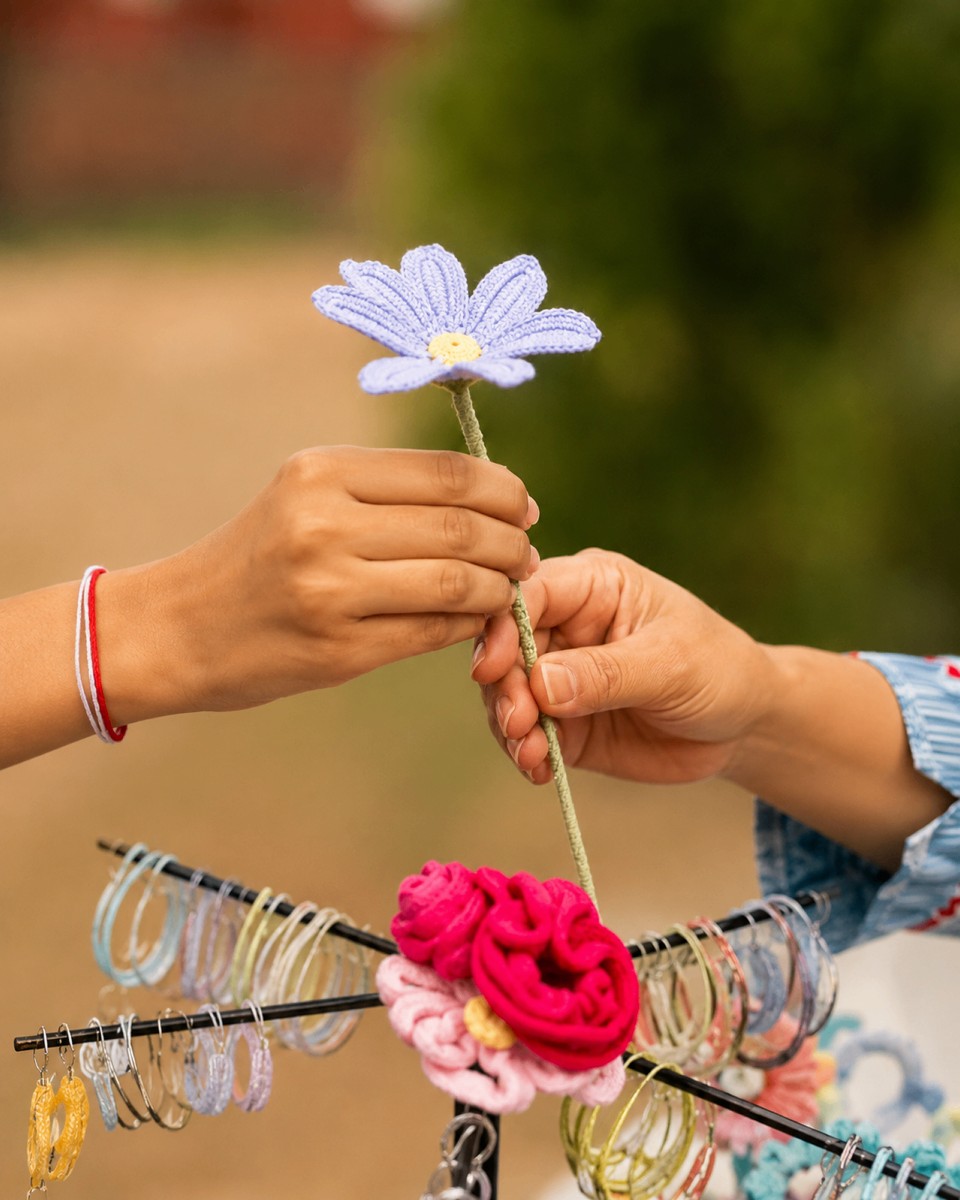 Hands exchanging a handmade crochet flower above a rack of crochet keychains